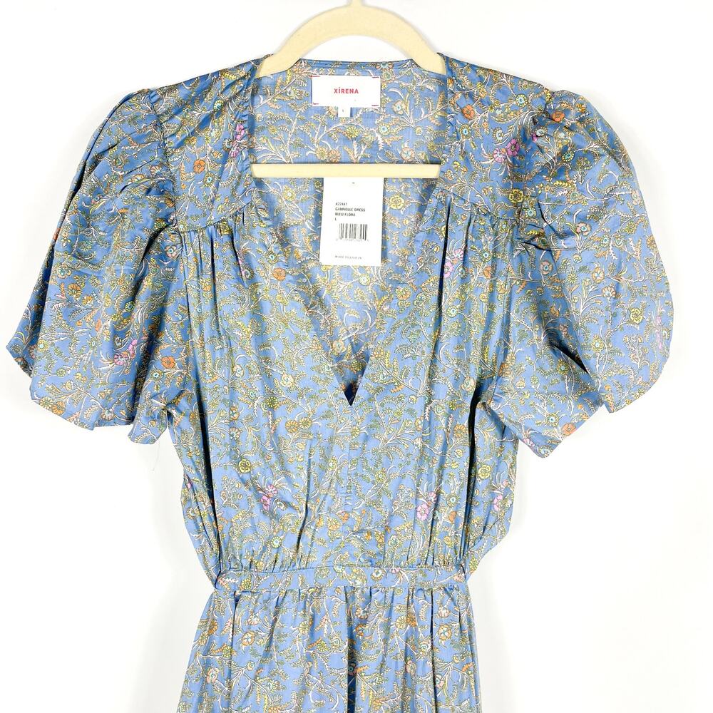 Xirena Gabrielle Dress Blue Floral Midi Tiered Back Cutout V-Neck Sz L - Picture 5 of 10